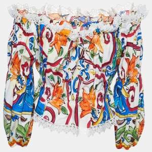 Pre Owned Dolce & Gabbana Multicolor Majolica Printed Cotton Lace Detail Off Shoulder Top L