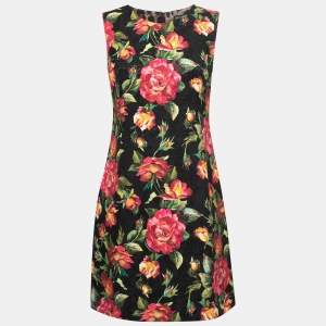 Pre Owned Dolce & Gabbana Black Rose Print Embossed Jacquared Sleeveless Dress M