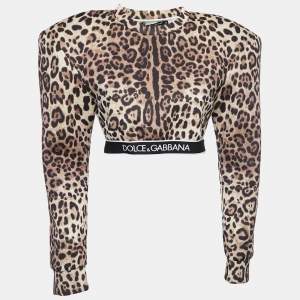 Pre Owned Dolce & Gabbana Brown Leopard Print Neoprene Padded-Shoulder Crop Top M