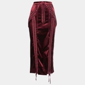 Pre Owned Dolce & Gabbana Burgundy Stretch Satin Corset Midi Skirt L
