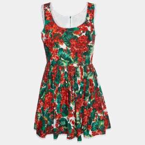 Pre Owned Dolce & Gabbana Red Geranium Printed Cotton Sleeveless Mini Dress L