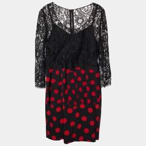 Pre Owned Dolce & Gabbana Black Lace & Polka Dot Printed Silk Midi Dress L