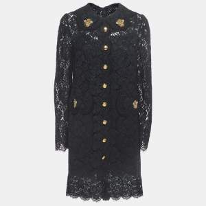 Pre Owned Dolce & Gabbana Black Floral Lace Bee Embellished Detail Mini Dress L