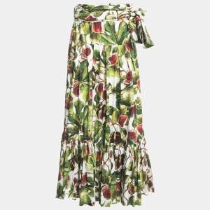 Pre Owned Dolce & Gabbana Green Fig Print Cotton Pleated Detail A-Line Skirt M