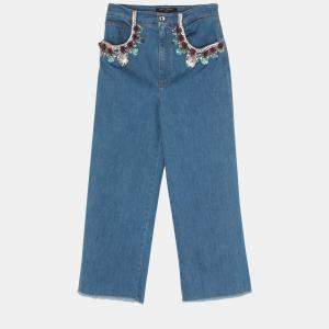 Pre Owned Dolce & Gabbana Blue Embellished Denim Wide Leg Jeans M (IT 42) Waist 30"