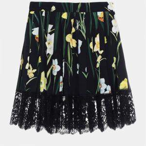 Pre Owned Dolce & Gabbana Black Floral Print Crepe & Lace Pleated Skirt XS (IT 40)