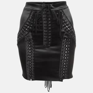 Pre Owned Dolce & Gabbana Black Satin Lace-Up Corset Style Mini Skirt XS