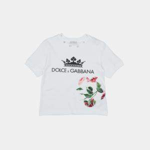 Dolce & Gabbana White Print Cotton Studded Neck T-Shirt Size 4Y    