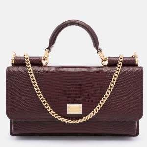 Pre Owned Dolce & Gabbana Burgundy Lizard Embossed Leather Sicily Wallet on Chain