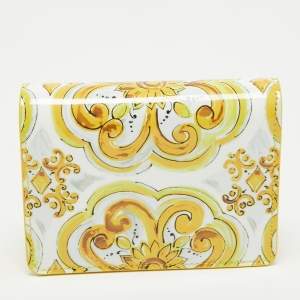 Pre Owned Dolce & Gabbana Yellow Majolica Print Patent and Leather Flap Card Case