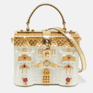 Dolce & Gabbana Gold/White Acrylic and Snakeskin Castle Dolce Box Top Handle Bag