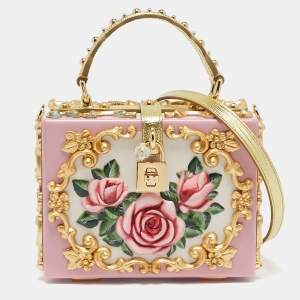 Dolce & Gabbana Pink/Gold Roses Baroque Acrylic Dolce Box Top Handle Bag