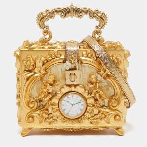 Dolce & Gabbana Gold Barocco Wood Clock Dolce Box Top Handle Bag