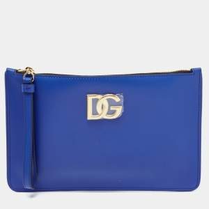 Pre Owned Dolce & Gabbana Blue Leather DG Millennials Wristlet Clutch