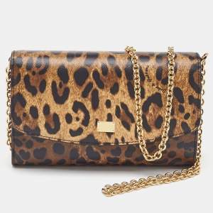 Dolce & Gabbana Brown Leopard Print Leather Chain Crossbody Bag