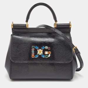 Pre Owned Dolce & Gabbana Black Iguana Embossed Leather Small Crystals DG Miss Sicily Bag