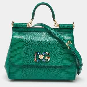 Dolce & Gabbana Green Iguana Embossed Leather Crystal DG Logo Medium Miss Sicily Bag