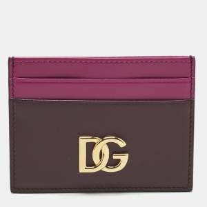 Pre Owned Dolce & Gabbana Burgundy/Pink Leather DG Logo Card Holder