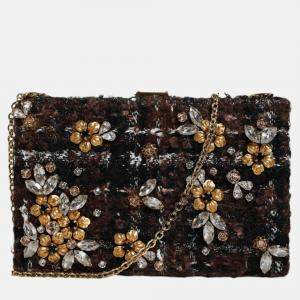 Pre Owned Dolce & Gabbana Floral Tweed Multicolor Fabric Clutch Crossbody Bag