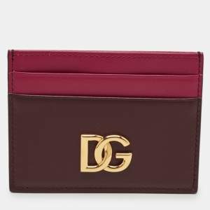 Pre Owned Dolce & Gabbana Pink/Burgundy Leather DG Logo Card Holder