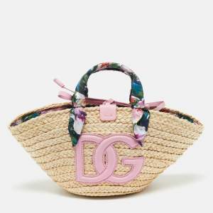 Pre Owned Dolce & Gabbana Pink/Natural Raffia Small Kendra Shopper Tote