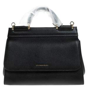 Pre Owned Dolce & Gabbana Black Leather Soft Medium Miss Sicily Top Handle Bag