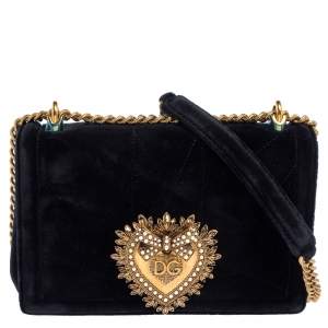 مملوكة مسبقًا Dolce & Gabbana Black Matelassé Velvet Devotion Chain Shoulder Bag