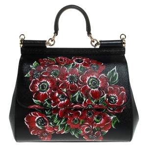 Pre Owned Dolce & Gabbana Black Floral Printed Leather Medium Miss Sicily Top Handle Bag