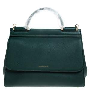 Dolce & Gabbana Green Smooth Leather Large Miss Sicily Top Handle Bag