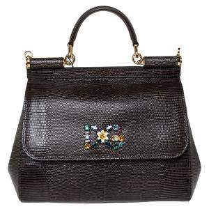 Dolce & Gabbana Brown Iguana Embossed Leather Crystal DG Logo Medium Miss Sicily Bag