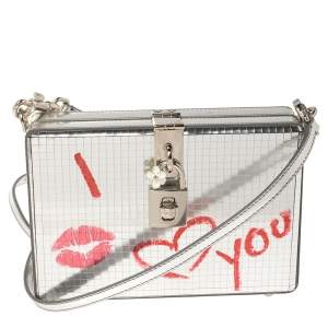 مملوكة مسبقًا Dolce & Gabbana Metallic Silver Patent Leather I Love You Box Clutch