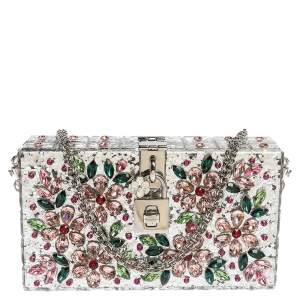 مملوكة مسبقًا Dolce & Gabbana Silver Acrylic Crystal Embellished Box Locket Clutch Bag