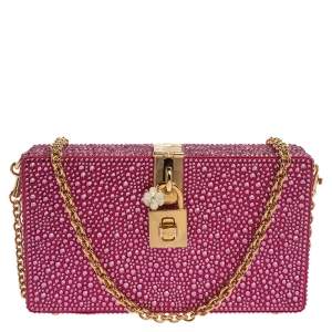 Pre Owned Dolce & Gabbana Pink Heat-Applied Rhinestones Dolce Box Chain Clutch