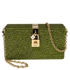 مملوكة مسبقًا Dolce & Gabbana Green Heat-Applied Rhinestones Dolce Box Chain Clutch