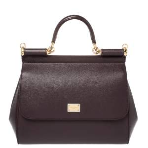 Pre Owned Dolce & Gabbana Burgundy Leather Medium Miss Sicily Top Handle Bag