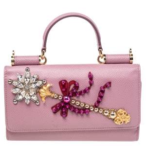 Dolce and Gabbana Pink Leather Miss Sicily Von Wallet On Chain