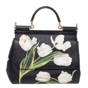 مملوكة مسبقًا Dolce & Gabbana Black Tulip Print Leather Medium Miss Sicily Top Handle Bag