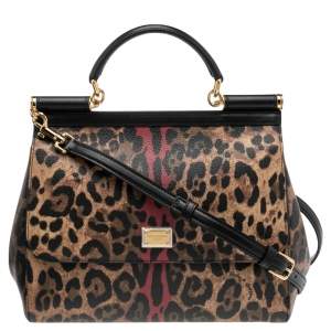 Dolce & Gabbana Black/Brown Leopard Print Coated Canvas and Leather Regular Miss Sicily Top Handle Bag