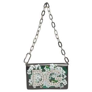 Dolce & Gabbana Black Floral Print Leather DG Girls Crystal Embellished Shoulder Bag