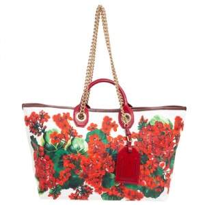Dolce & Gabbana Red Floral Print Canvas and Lizard Embossed Capri Shopper Tote