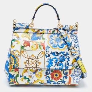 Pre Owned Dolce & Gabbana Multicolor Maiolica Mediterranean Tiles Lemon Printed Leather Medium Miss Sicily Top Handle Bag