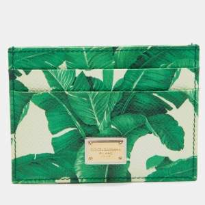Pre Owned Dolce & Gabbana White/Green Leather Banana Leaf Print Card Holder