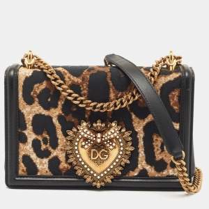 Pre Owned Dolce & Gabbana Black/Brown Leopard Print Canvas and Leather Medium Devotion Shoulder Bag