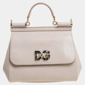 Pre Owned Dolce & Gabbana Beige Lizard Embossed Leather Crystal DG Logo Medium Miss Sicily Bag