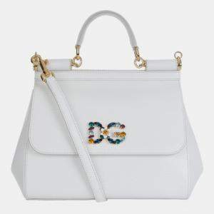 Pre Owned Dolce & Gabbana White - Inguana Embossed Leather - Crystal DG Logo Medium Miss Sicily Bag