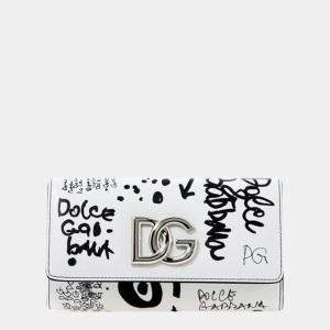 Pre Owned Dolce & Gabbana Black & White - Leather - Logo Printed Crossbody Shoulder Bag