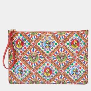Pre Owned Dolce & Gabbana Multicolor Carretto and Queen Print Leather Wristlet Pouch 