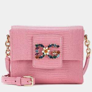Pre Owned Dolce & Gabbana Pink  Leather  Medium Iguana-Embossed Millennials Shoulder Bag