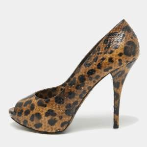 Pre Owned Dolce & Gabbana Brown/Black Leopard Print Python Open Toe Platform Pumps Size 41