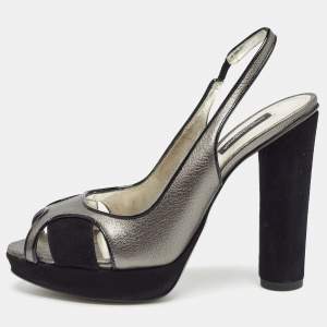 Pre Owned Dolce & Gabbana Metallic Grey/Black Leather and Suede Platform Slingback Sandals Size 38.5